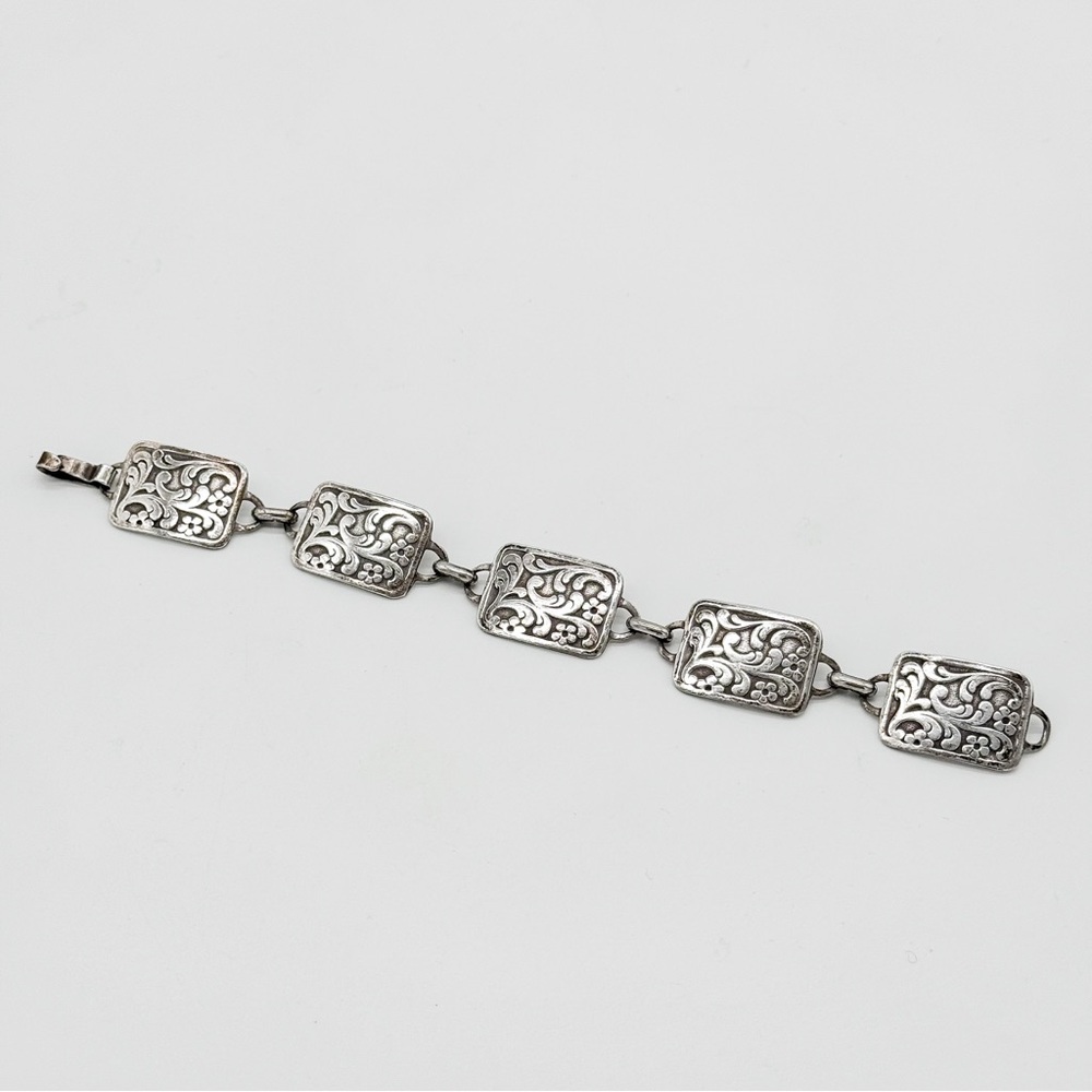 Vintage 835 Silver Floral Panel Bracelet Embossed Relief Art Nouveau Style